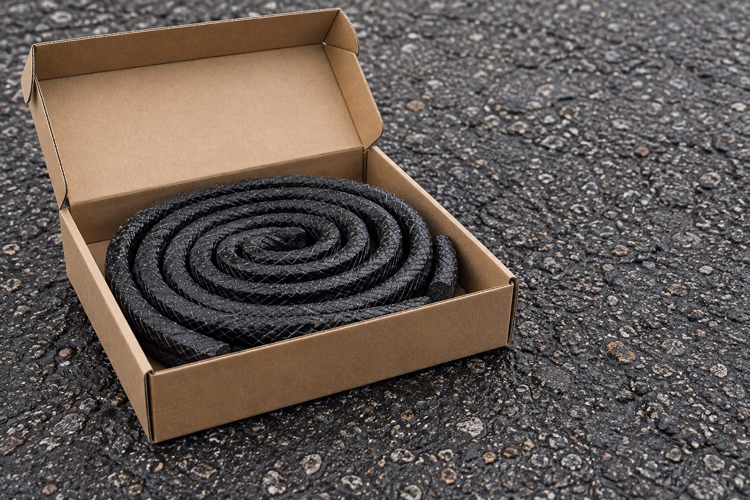 Illustrative concept visualization of a coiled road-repair material in a kit